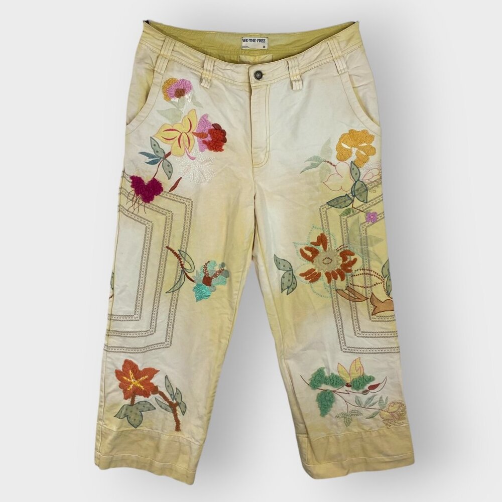 We the Free Electric Sands Crop Pants | 12 | Yellow | Embroidered | Boho Artsy